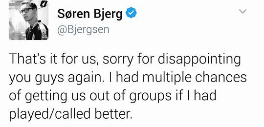 TSM Bjergsen在推特上深切反省。 圖：翻攝自Søren Bjerg個人推特