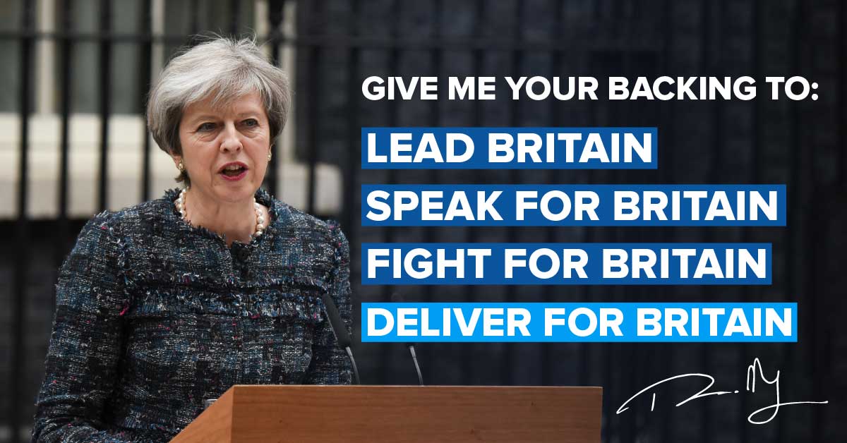 英國首相梅伊帶領的保守黨雖然領先，但支持率大不如前。 圖：翻攝梅伊個人網站