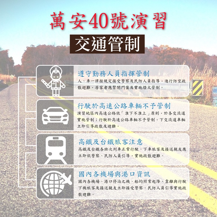 台北市、新北市、桃園市、新竹縣共縣市明(18)天13時30分至14時將實施「萬安40號」演習。 圖：翻攝警政署官網