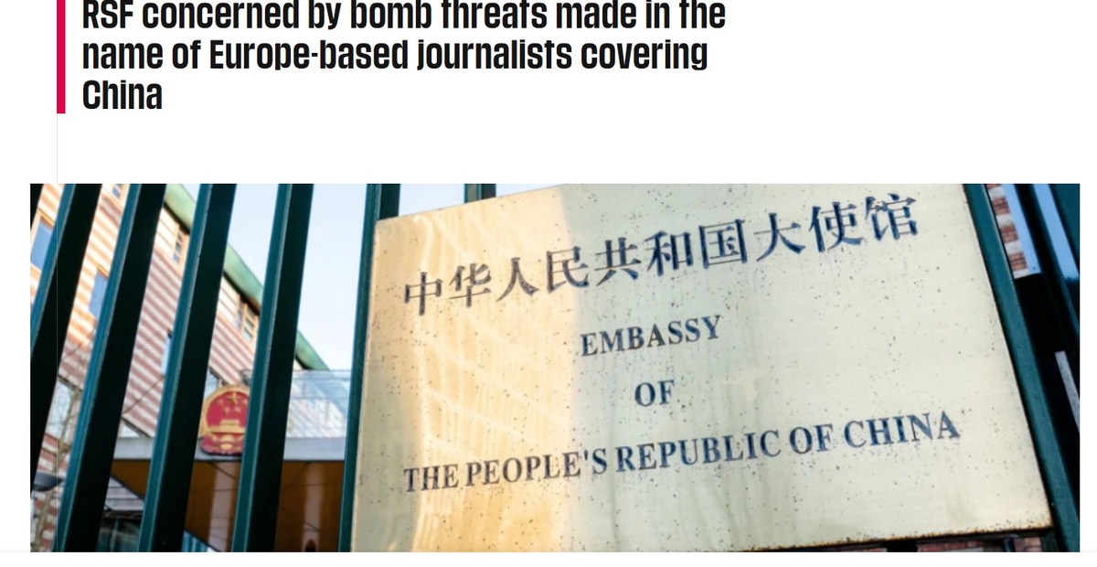無國界記者組織日前譴責中國，栽贓2名歐洲記者威脅要在大使館放炸彈，放假消息騷擾。 圖：翻攝自RSF官網