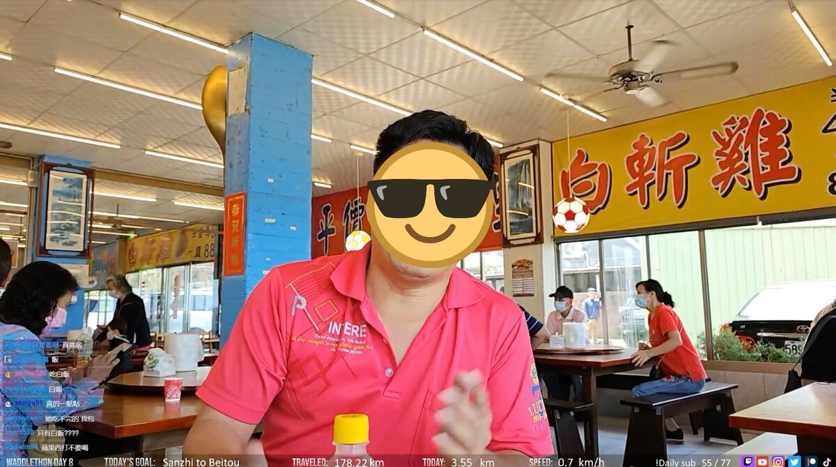 途中一位紅衣男子表示要請企鵝妹吃烤雞，沒想到進餐廳後，竟直接坐下與她一起吃，引來粉絲不滿。 圖：翻攝自Twitch/Jinnytty
