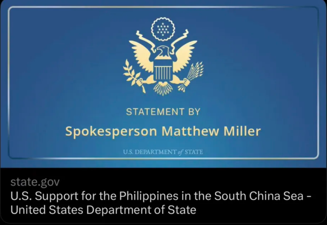 美國國務院發布聲明，警告解放軍停止對菲律賓的挑釁和不安全行為。 圖：翻攝自嗷狼記