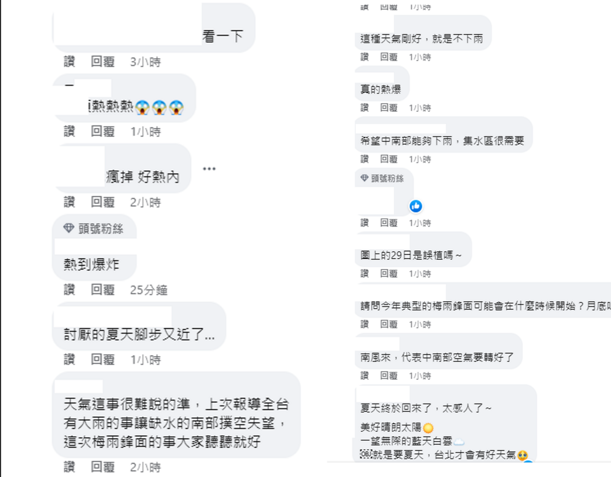 天氣悶熱，加上南部仍難補水，讓不少網友相當無奈。 圖：取自天氣即時預報臉書