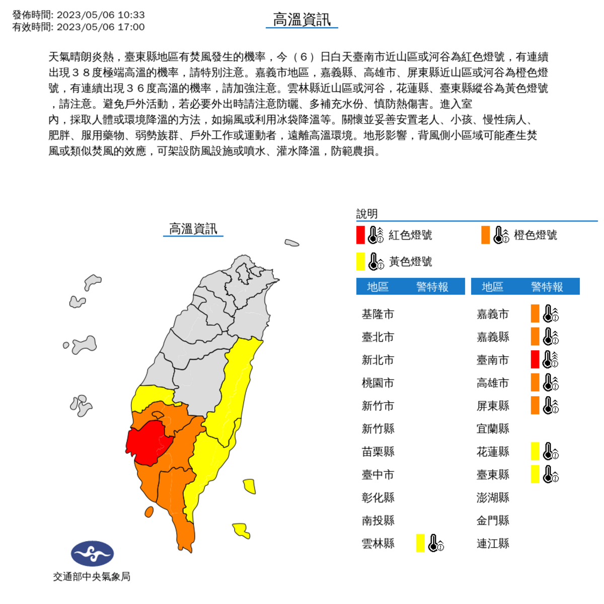 今日氣象局也對8縣市發布高溫特報。 圖：取自中央氣象局網站