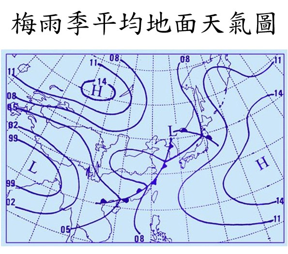 梅雨季平均地面天氣圖。 圖：翻攝自氣象局長鄭明典臉書