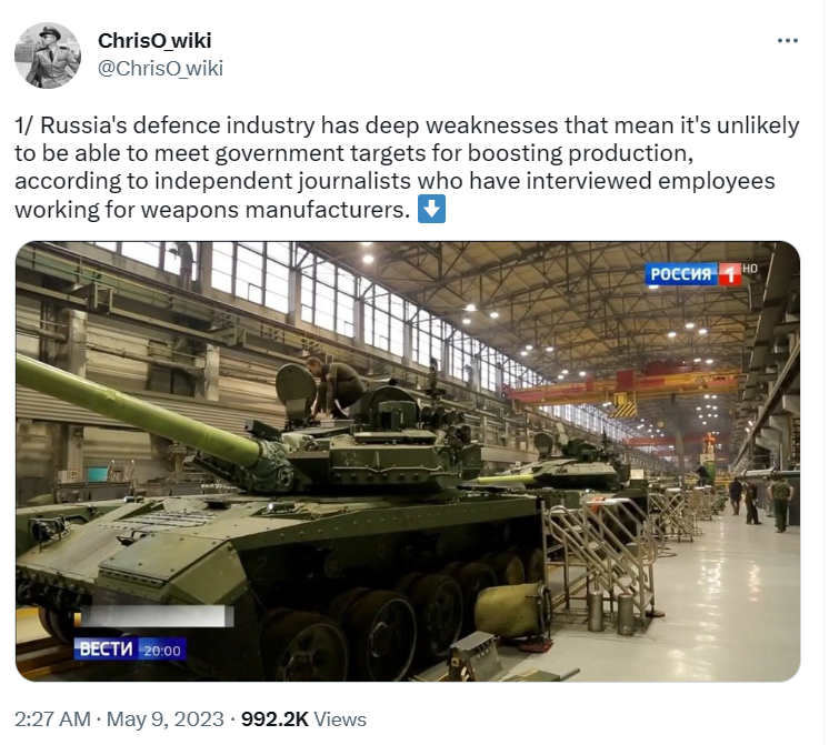 俄羅斯也在增強軍備。俄羅斯政府已承諾，大幅增加武器產量，以彌補戰爭損失。 圖：翻攝自ChrisO_wiki推特