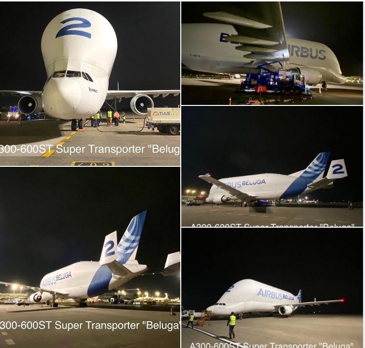 由法國空中巴士集團製造的超大貨機「大白鯨」SATIC A300-600ST現身，9日深夜抵達桃園國際機場，吸引不少航空迷搶拍。 圖：翻攝自桃園國際機場臉書