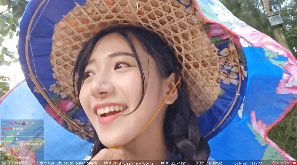 企鵝妹開心收下後，一直戴到關播前都沒有將斗笠換掉。 圖：翻攝自Twitch/Jinnytty
