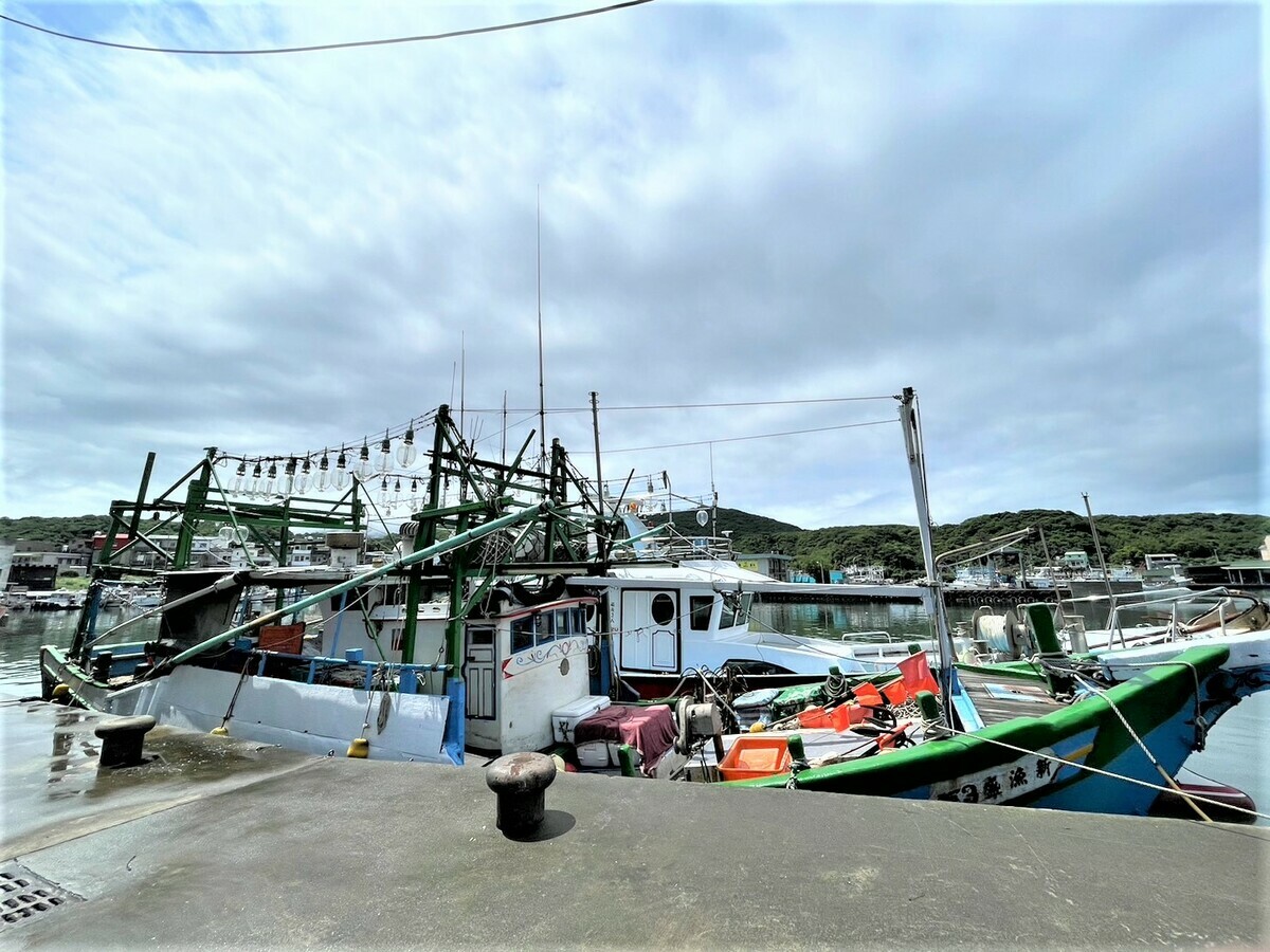曳繩釣漁船船舷有2隻大長竹竿，拖釣著魚鉤，釣兇猛的馬加剪。 圖：新北市漁業處提供