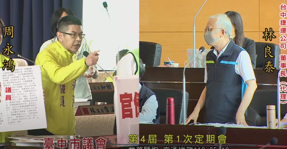 中捷董座林良泰至議會備詢，被周永鴻連抓說謊避重就輕。 圖:台中市議會YouTube