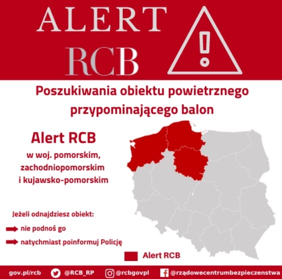 波蘭官方發布疑似偵察氣球可能掉落地區。  圖/翻攝自Rządowe Centrum Bezpieczeństwa推特
