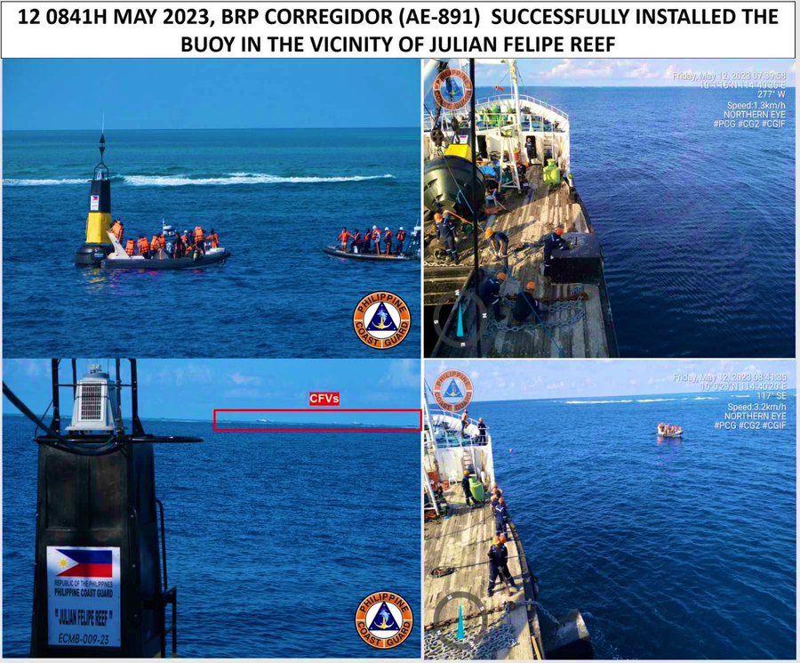 菲律賓海巡船BRP CORREGIDOR(AE-891)5月12日在牛軛礁(Whitsun Reef)布放浮標，越南軍事記者段當(Duan Dang)特別圈出遠處有為數不詳的中國民兵船在側「虎視眈眈」。 圖：翻攝@duandang推特