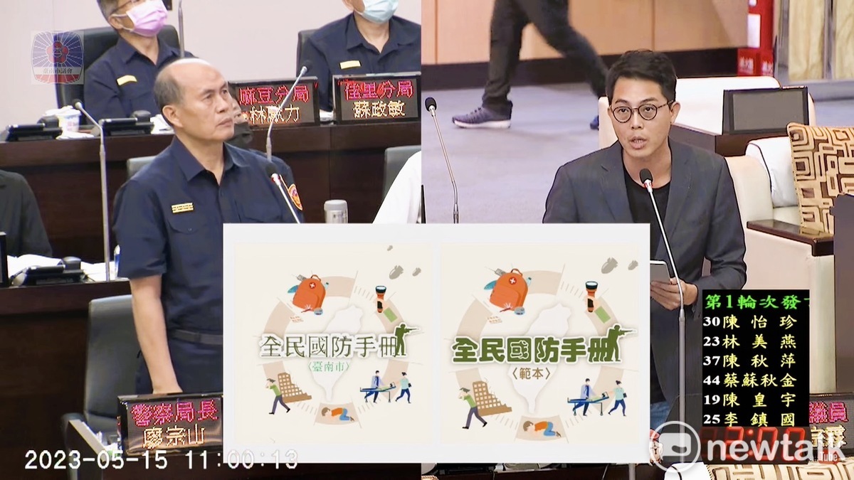 台南市議會今日進行保安部門業務報告及質詢，台灣基進台南市議員李宗霖針對民防質詢警察局長，要求市府改善、落實民防，不要等戰爭了才在想「阿共打來怎麼辦？」 圖：黃博郎／攝