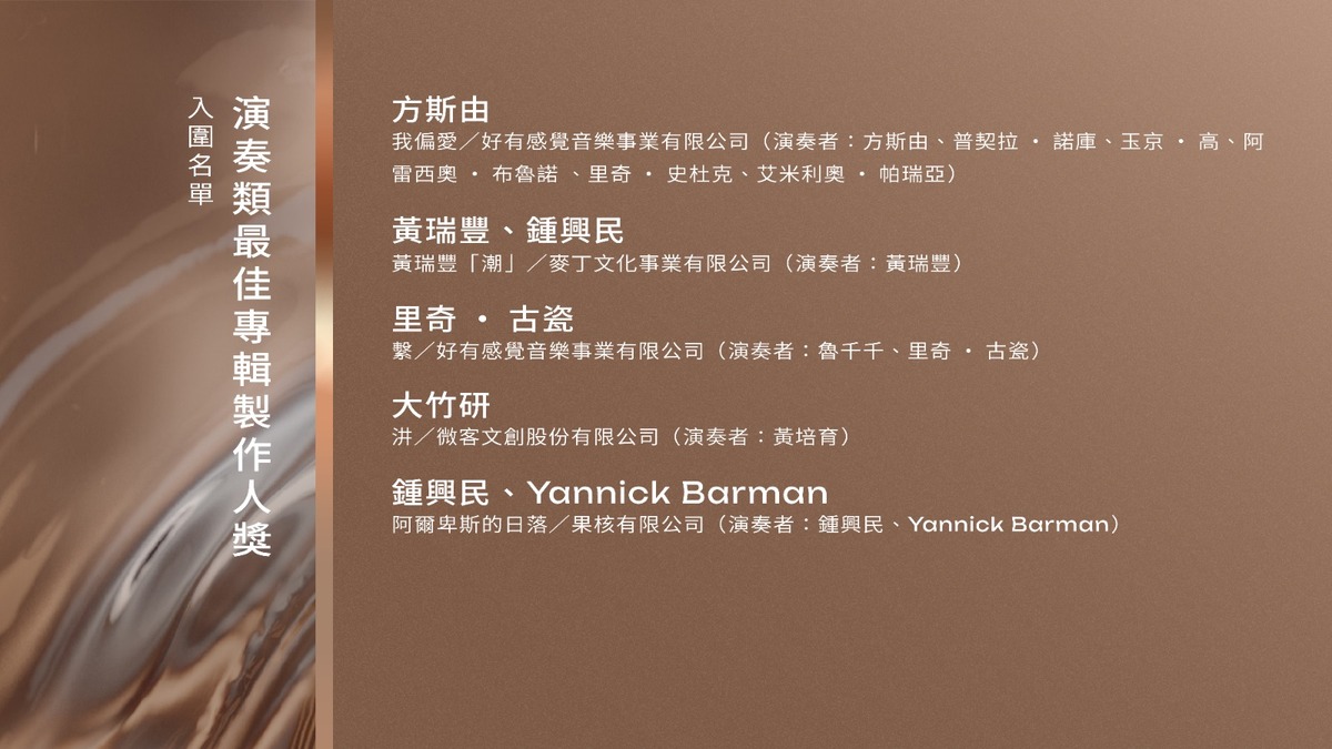 金曲34《演奏類最佳專輯製作人獎》入圍名單。 圖：翻攝自FB/金曲 GMA