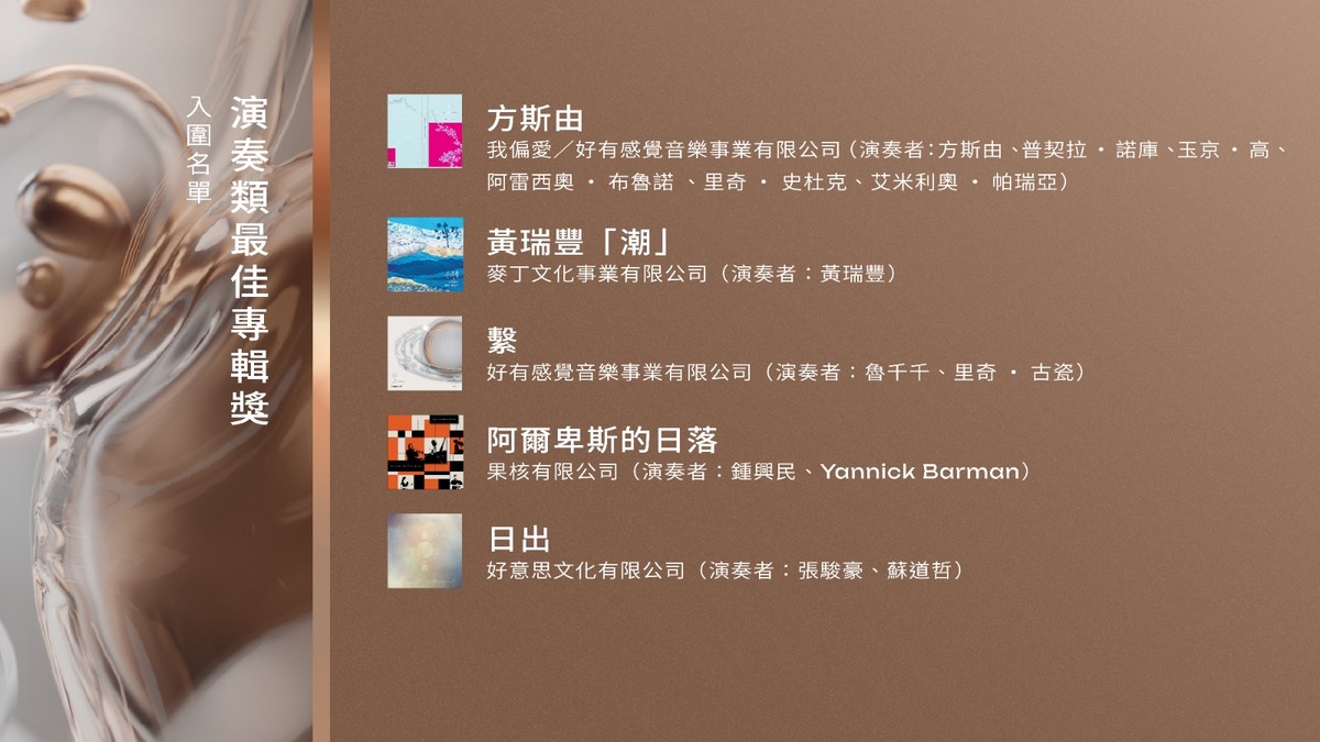 金曲34《演奏類最佳專輯獎》入圍名單。 圖：翻攝自FB/金曲 GMA