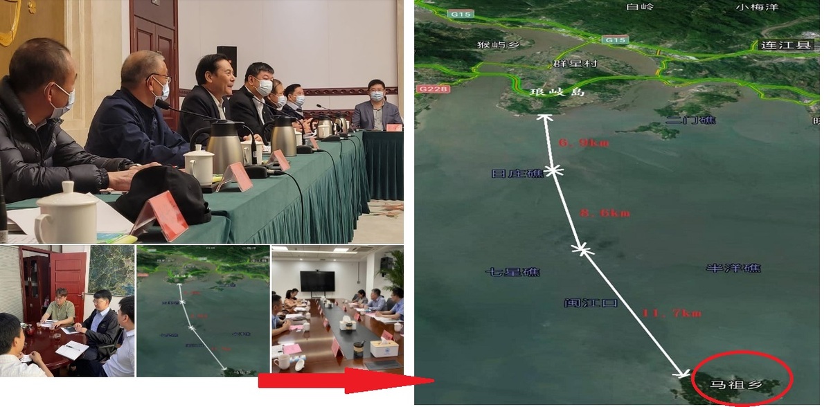 連江縣長王忠銘（左上圖左三）到中國福州磋商討論新四通，臉書發文竟然直接用簡體中文，還標註「馬祖鄉」（右圖紅圈處）。 圖：翻攝自王忠銘臉書／新頭殼合成