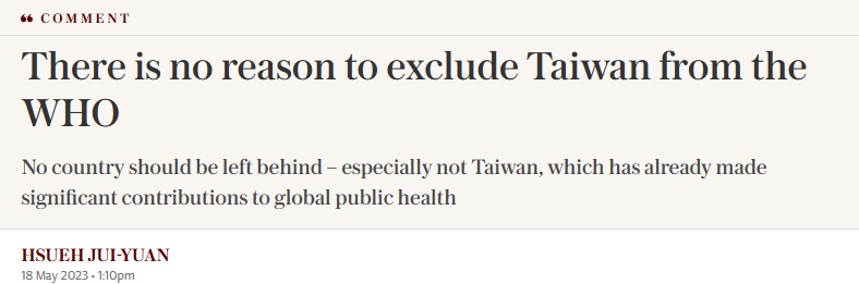 薛瑞元在英國《每日電訊報》(The Daily Telegraph)發表專文，呼籲WHO讓我國參與WHA。 圖：翻攝自The Daily Telegraph 網頁