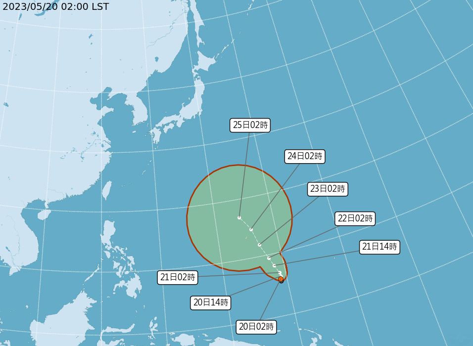 目前關島南方海面生成一熱帶性低氣壓，氣象局認為環境有利其發展，有發展成輕度颱風的趨勢。 圖片來源:中央氣象局
