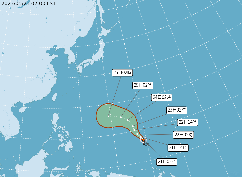 氣象局觀測，今晨2時瑪娃中心位於鵝鑾鼻東南東方3490公里左右的海面上。 圖片來源:氣象局