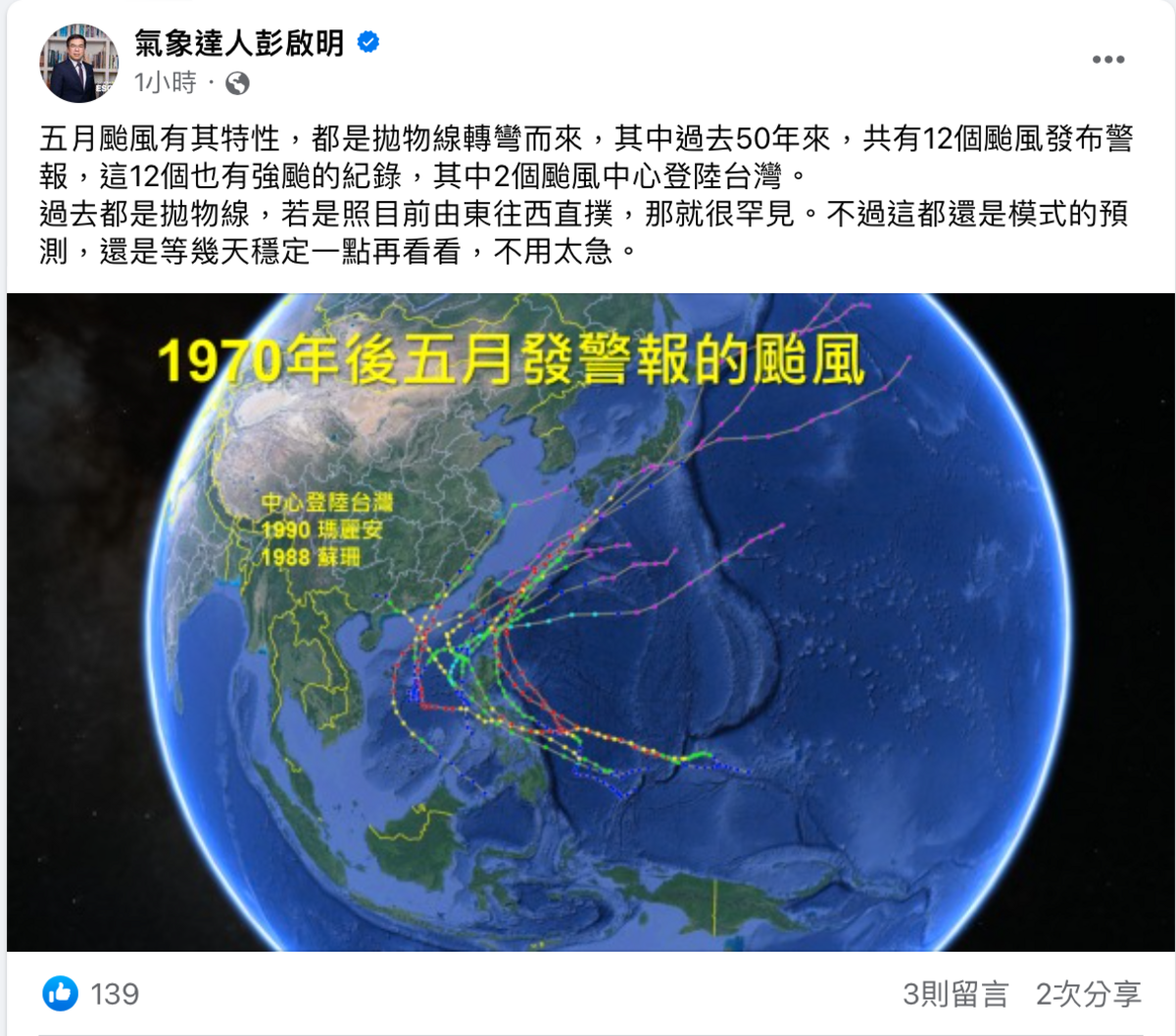 彭啟明表示，「五月颱風有其特性，都是拋物線轉彎而來，其中過去50年來，共有12個颱風發布警報，這12個也有強颱的紀錄，其中2個颱風中心登陸台灣。」 圖：翻攝自氣象達人彭啟明臉書