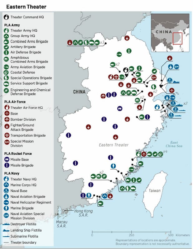 美國國防部發布的《2022 年度中國軍力報告》中，強調了中共對台灣、印太地區、全球秩序的威脅，圖為中國人民解放軍東部戰區的軍力部署狀況。 圖：截取自美國國防部官網