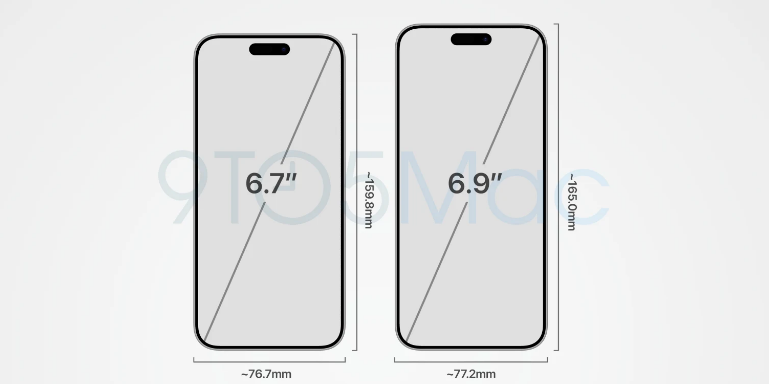 《9to5mac》也握有一份iPhone 16 Pro Max 的 CAD 工業設計圖，設計圖顯示將iPhone 16 Pro Max採用 6.9 英寸的超大螢幕，雖然螢幕尺寸增加，但手機的寬度只增加了不到 1mm。 圖：翻攝自《9to5mac》 網站