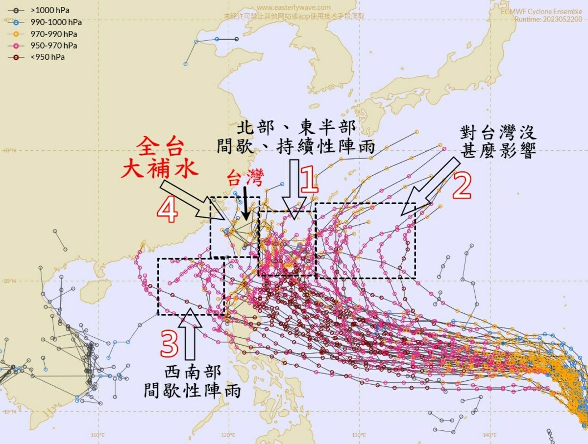 氣象粉專《觀氣象看天氣》就推估了瑪娃的4個可能路徑。 圖：取自觀氣象看天氣臉書