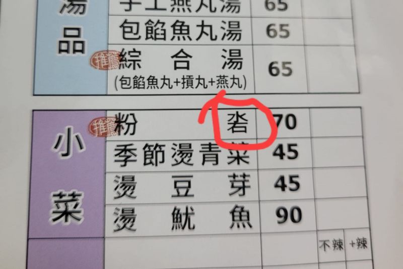 原PO在新竹城隍廟旁的小吃店看到「粉沯」，但不知道該怎麼念。 圖／臉書社團《爆廢公社二館》