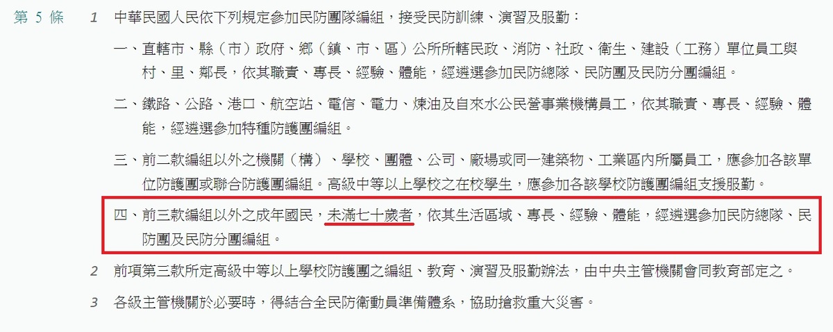 《民防法》第5條第1款第4項對接受民防訓練、演習及服勤仍有年齡限制。 圖：翻攝全國法規資料庫