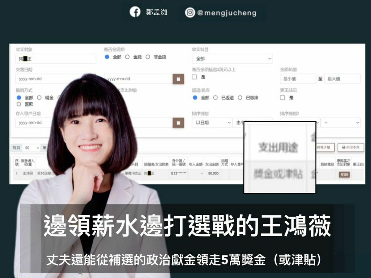 高雄市議員鄭孟洳揭露國民黨新科立委王鴻薇不但領市議員薪水參與立委補選，還發給自己的先生5萬元獎金。 圖：翻攝鄭孟洳臉書