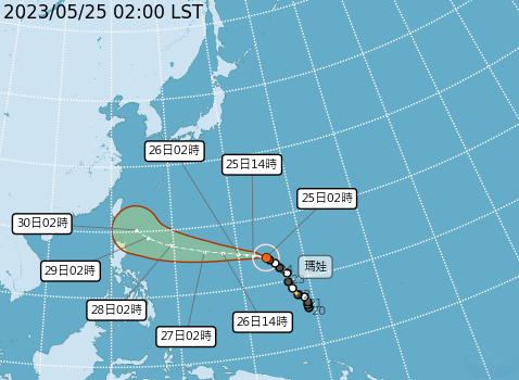 中度颱風「瑪娃」今天凌晨2時的中心位置，在鵝鑾鼻東南東方2650公里海面上，路徑預測朝台灣撲來。 圖：中央氣象局／提供