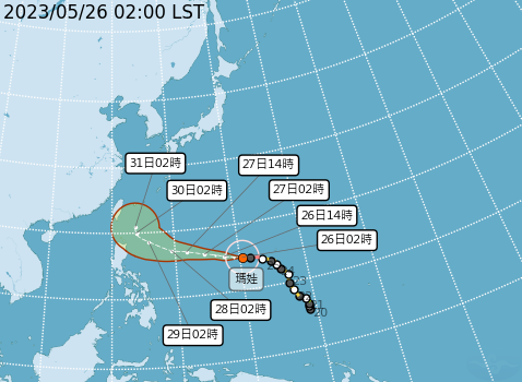 強烈颱風「瑪娃」今天凌晨2時，中心位置在鵝鑾鼻東南東方2220公里海面上，以每小時26轉29公里的速度，向西北西轉西進行。 圖：中央氣象局／提供
