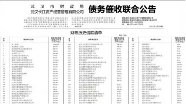 2023年5月26日，中國湖北省會武漢市財政局登報催債。 圖：翻攝自六度世界網站