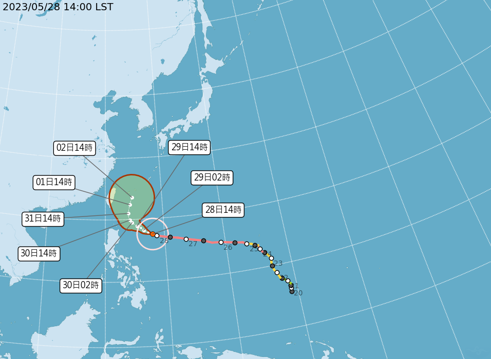 瑪娃颱風持續向台灣東部海面逼近。 圖：氣象局