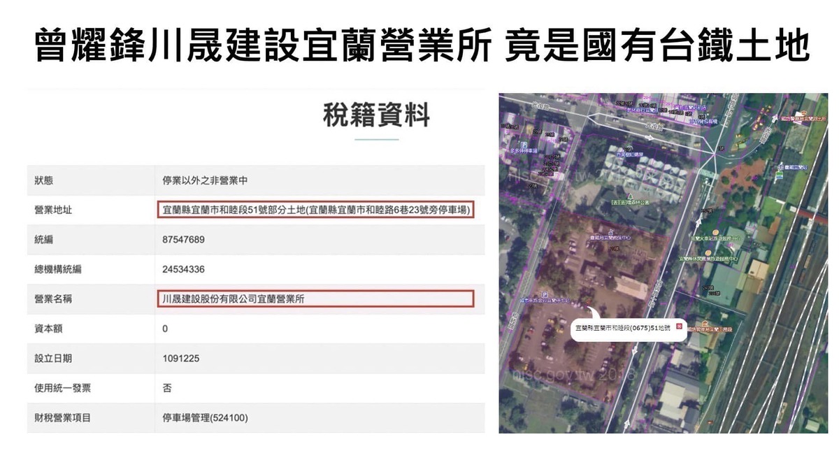 陳琬惠指控，im.B吸金主嫌曾國緯名下的「川晟建設」宜蘭營業所，就設在台鐵宜蘭車站對面的台鐵土地上。 圖：翻攝陳琬惠臉書