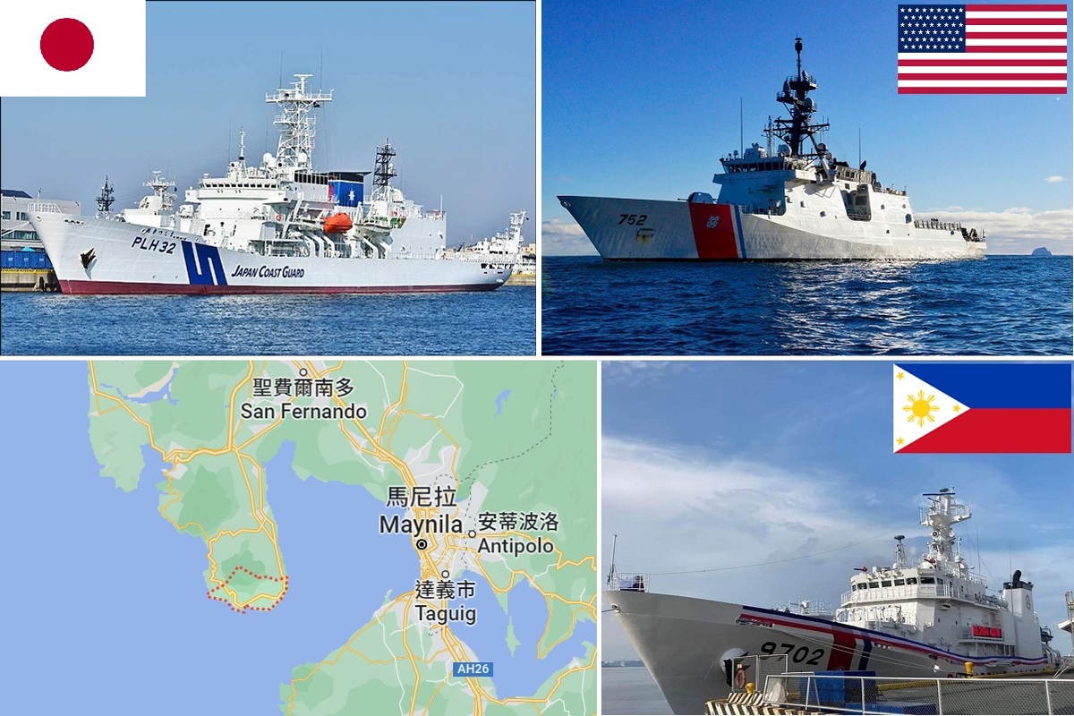 美日菲3國海警部隊敲定6月1至7日在馬尼拉灣外側馬里韋萊斯(Mariveles)海域(左下地圖紅圈標示處)進行首次三方海上演習。 圖：新頭殼合成
