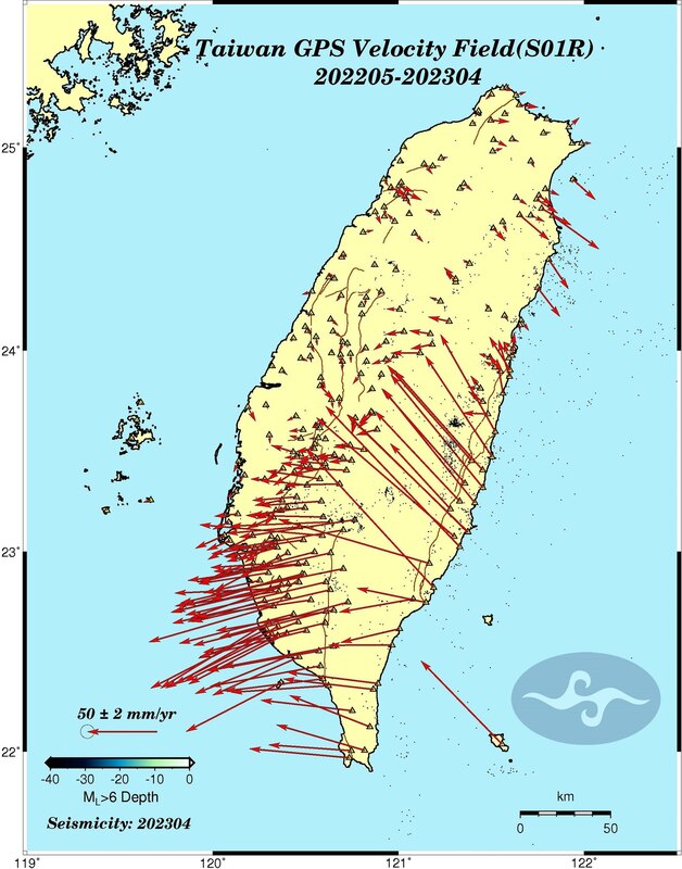中央氣象局最近發布了「地表位移速度場月報」，氣象局長鄭明典在臉書上分享了這份報告，並指出，台灣島正在穩定地變形中。 圖：翻攝自氣象局 臉書專頁