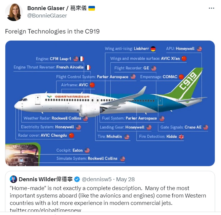 美國「戰略與國際研究中心」亞洲高級顧問葛來儀的1張圖，拆解了中國號稱「國產」的商用客機C919，主要零件幾乎都來自美國。 圖：翻攝自葛來儀推特