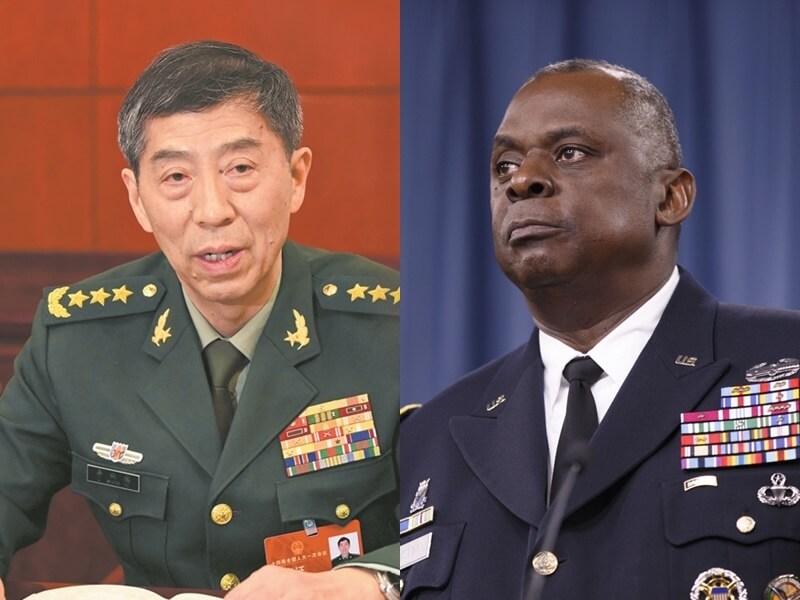 美國希望國防部長奧斯汀（右）本週末在新加坡年度安全論壇與中國防長李尚福（左）會晤，但遭北京拒絕。 圖：取自中國國防部網頁及白宮網頁