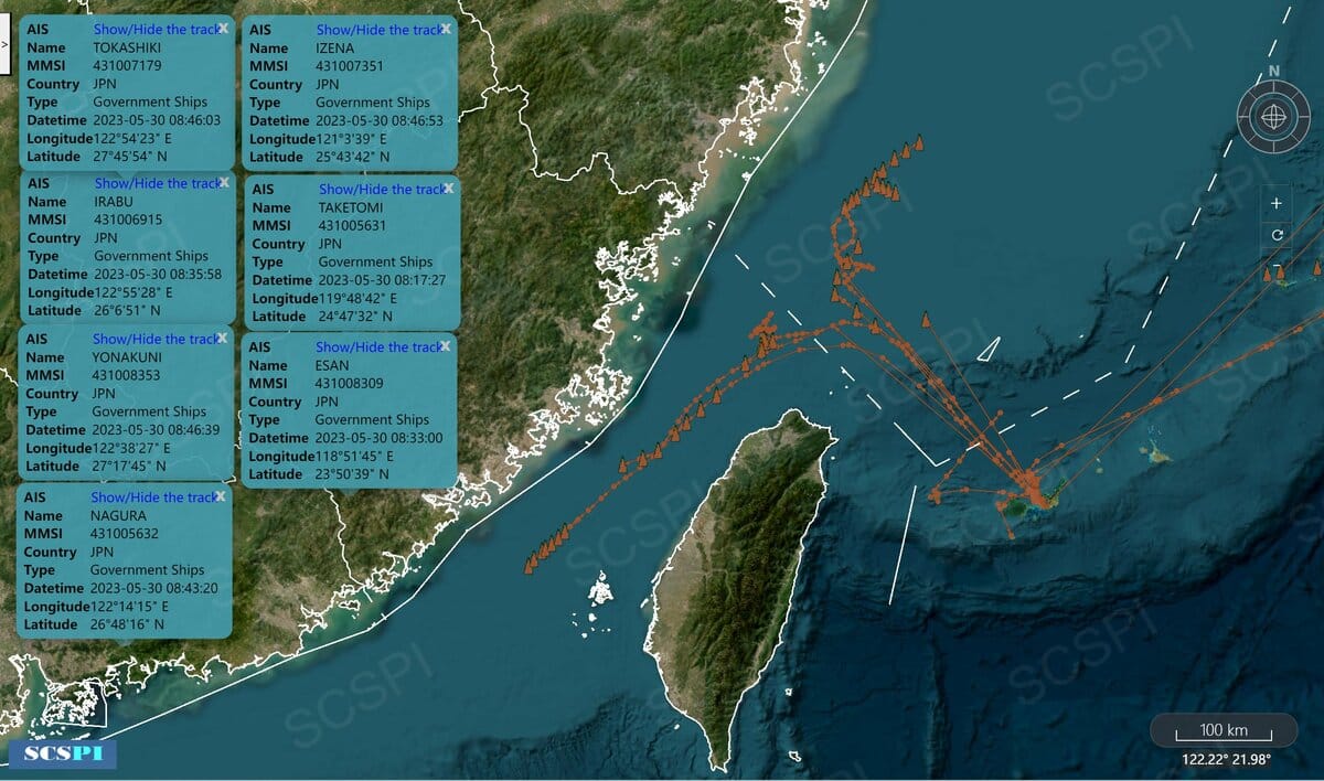 多艘日本海上保安廳巡邏艦進入東海及台灣海峽水域，研判是為躲避「瑪娃」颱風進行的「遠海機動防颱」。 圖：翻攝@SCS_PI推特
