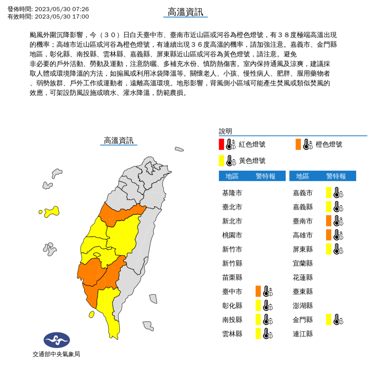 氣象局對10縣市發布高溫特報。 圖：取自中央氣象局網站