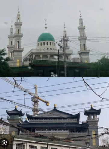有網友指出，中國已經不是第一次強制改建清真寺外觀，雲南的永平清真寺就在2021年遭到改建，變成中國式建築。 圖: 翻攝自推特@WEIMAR63553294