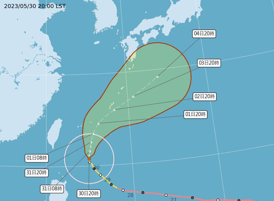 受到颱風瑪娃影響，蘭嶼鄉、綠島鄉31日停止上班、停止上課。 圖：中央氣象局網頁提供