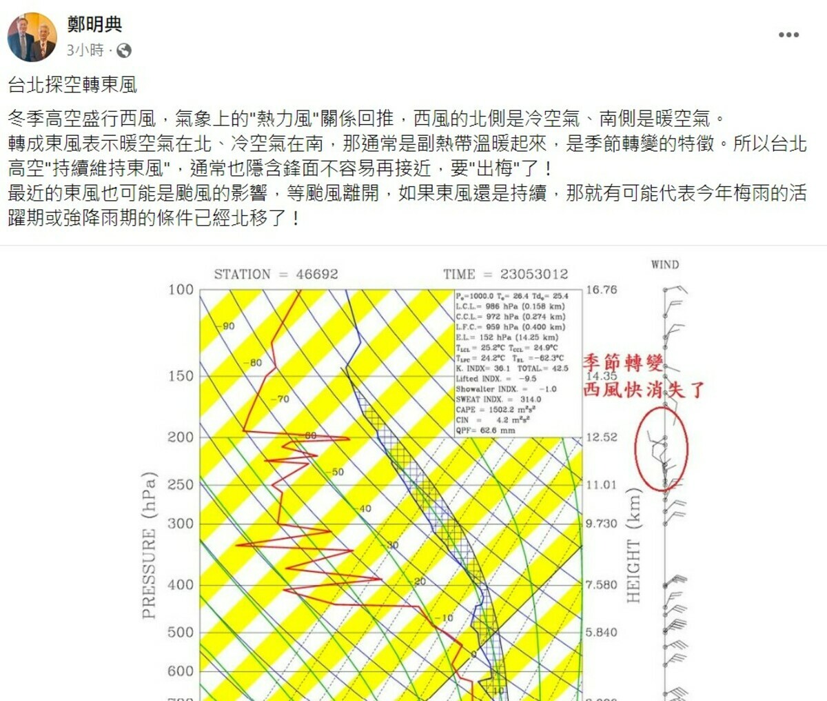 鄭明典台北上空已轉東風，若颱風離開仍一樣是東風，可能代表梅雨鋒面難在靠近台灣。 圖：取自鄭明典臉書
