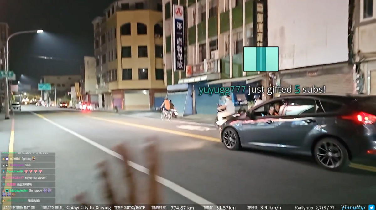 有民眾邊開車邊錄企鵝妹，導致車子跨越雙黃線開往對向車道，讓企鵝妹嚇壞。 圖：翻攝自Twitch/Jinnytty