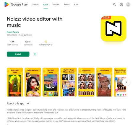 Dr. Web揭露，Google Play商店中有百款App被發現含有「SpiOK」間諜軟體模組，總下載量超過4.2億次。包括一些熱門App，例如影片編輯App《Noizz》。 圖：翻攝自Dr. Web