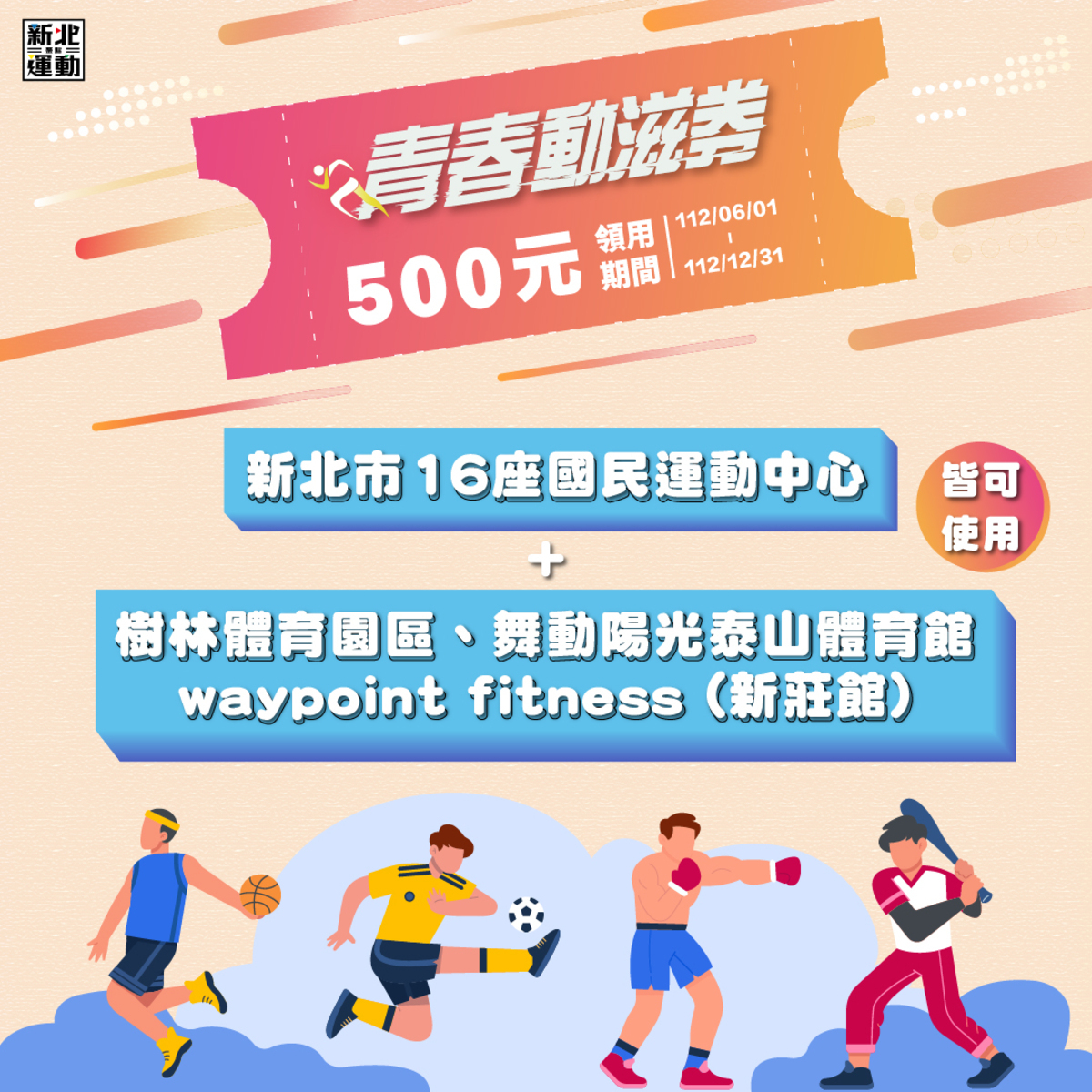 新北運動中心及場館可使用青春動滋劵。 圖：新北市體育處提供