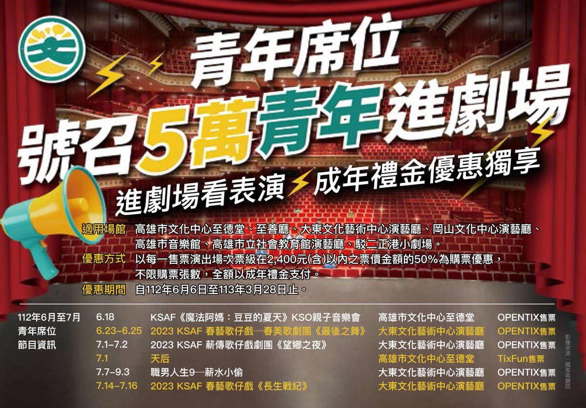 青年席位獨享文化成年禮金票價優惠。 圖：高雄市文化局提供