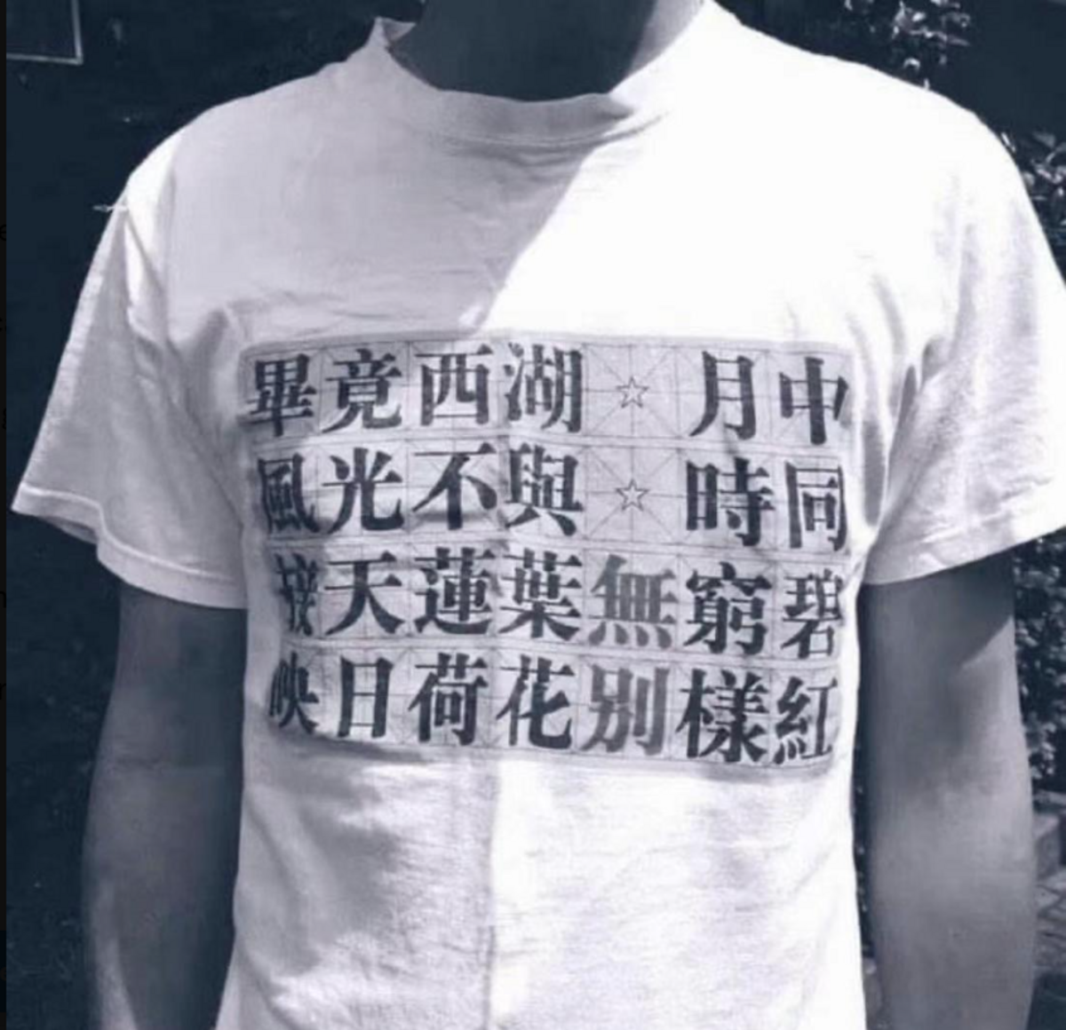 一位網友在中國的社交媒體上傳一幅文化衫照片，這衣服印著宋代詩人楊萬里的《曉出淨慈寺送林子方》。第一句與第二句各空了一個字，兩個空字分別是六與四。 圖：翻攝自高伐林推特