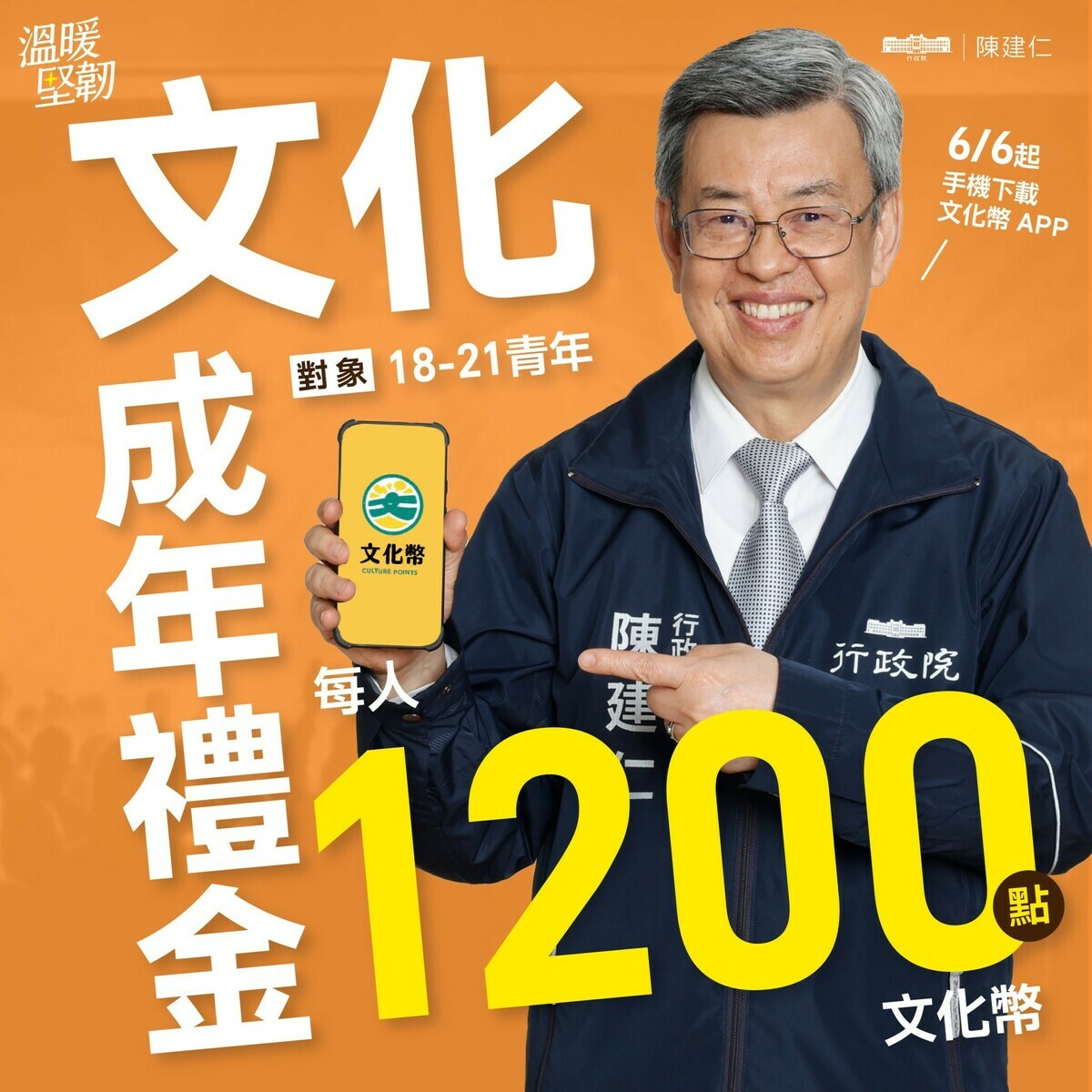 行政院長陳建仁今（6）天一早在臉書提醒18-21歲的青年朋友，每人有1200點文化幣，從今天6月6日開始發放！ 圖：擷自陳建仁臉書